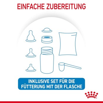 Haustierfütterungsset mit einer Flasche, Saugern, Schaufel und Tasche, mit dem Text "EINFACHE ZUBEREITUNG" und "INKLUSIVE SET FÜR DIE FÜTTERUNG."