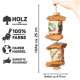 Buntes Holzhaustier-Spielzeug, das von einer Hand hängt, aus natürlichen Materialien, mit Text, der die Höhe (25 cm) und Breite (10 cm) angibt.
