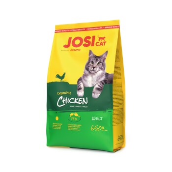 JosiCat crunchy chicken Katzenfutter für erwachsene Katzen, 650g Beutel mit grau-getigertem Kater und Hahn-Symbol, deutscher Qualitätstext.