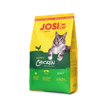 JosiCat crunchy chicken Katzenfutter für erwachsene Katzen, 650g Beutel mit grau-getigertem Kater und Hahn-Symbol, deutscher Qualitätstext.