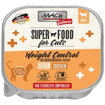 MAC's Vetcare Super Food für Katzen, Gewichtskontrolle, Hühnergeschmack, getreidefrei, niedrige Energie, von Tierärzten empfohlen, hergestellt in Deutschland.