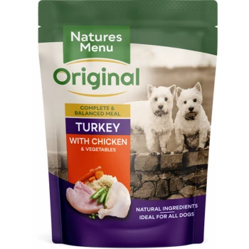 Pet food package for "Natures Menu Original" featuring "Turkey with Chicken & Vegetables," made with natural ingredients for all dogs.