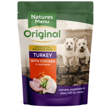 Pet food package for "Natures Menu Original" featuring "Turkey with Chicken & Vegetables," made with natural ingredients for all dogs.