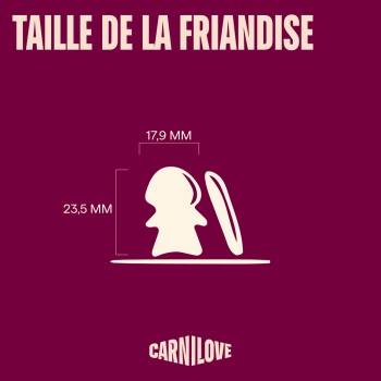 Graphique bordeaux : friandise et biscuit pour animaux beiges avec dimensions 17,9 mm x 23,5 mm ; texte « TAILLE DE LA FRIANDISE » et « CARNILOVE ».