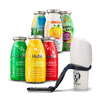 Bunte "SmoothieDog" Smoothie-Flaschen für Hunde, mit Huhn, Rind, Gemüsegeschmack und einem "Immunio" Immunbooster-Snack.
