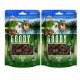 Deux sacs de friandises pour chiens DeliBest Goody avec des designs verts, étiquetés "Viande fraîche", "Sans céréales" et "Semi humide."