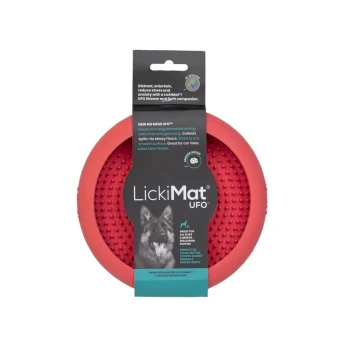 Red LickiMat UFO for dogs, designed to reduce stress during baths. Features a textured surface and claims to stick to smooth surfaces.