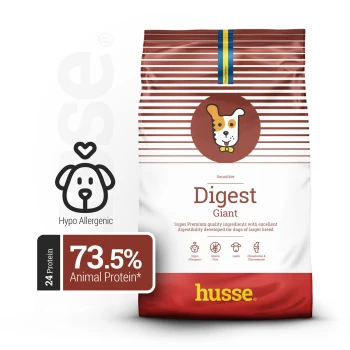 Hundefutterbeutel mit der Aufschrift 'Digest Giant' für große Rassen, mit einem hypoallergenen Symbol, 73,5% tierischem Protein und dem Anspruch auf hervorragende Verdaulichkeit.