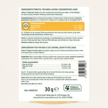 Etikett von AniForte Ergänzungsfuttermittel für Hunde & Katzen, deutsche/englische Gebrauchshinweise und Fütterungsempfehlung, 30 g, Barcode sichtbar