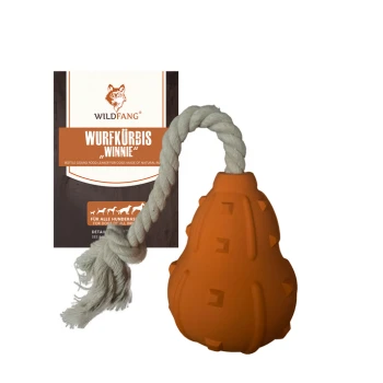 Oranges Gummihundespielzeug in Form eines Kürbisses, das an einem Seil befestigt ist, mit einer Verpackung, die mit "Wurfkürbis Winnie" von Wildfang beschriftet ist.