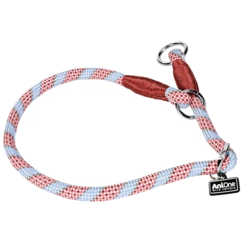 A colorful pet leash featuring a braided design in red, blue, and white, with two metal rings and an AntOne tag.