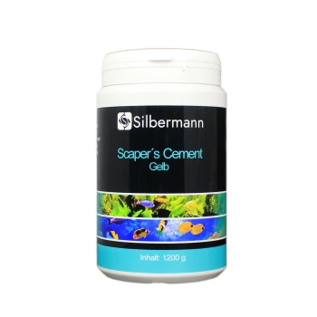 Behälter mit Silbermann Scaper's Cement, gelb, 1200 g, mit aquatischen Bildern auf dem Etikett, ideal für die Aquarienlandschaftsgestaltung.