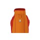 Eine leuchtend orange und rote Hundejacke von Ruffwear, mit hohem Kragen und einem Logo-Patch eines Hundes.
