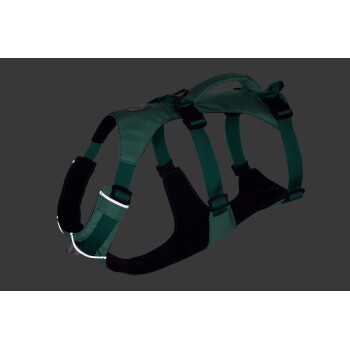 Ein grüner Hundegeschirr mit verstellbaren Riemen und einem gepolsterten Brustbereich, entworfen für Komfort und Kontrolle.