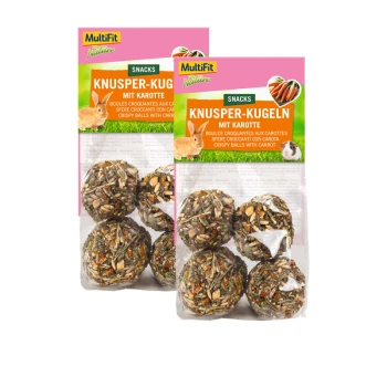 Dwa opakowania przekąsek MultiFit Nature Knusper-Kugeln dla małych zwierząt, z chrupiącymi kulkami z marchewką.