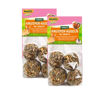 Dwa opakowania przekąsek MultiFit Nature Knusper-Kugeln dla małych zwierząt, z chrupiącymi kulkami z marchewką.