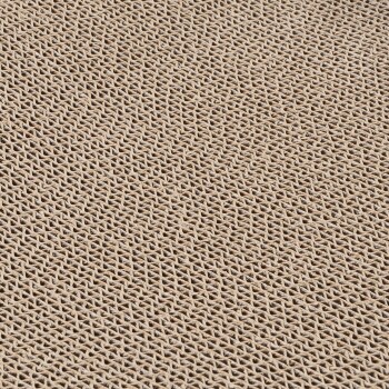 Nahaufnahme eines strukturierten, beigen Kratzbretts für Katzen mit einem gewebten Muster, ideal für die Krallenpflege von Katzen.