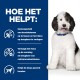 Ein flauschiger schwarz-weißer Hund sitzt auf einer weißen Oberfläche und lächelt. Text auf Niederländisch listet die Vorteile eines Haustierprodukts für die Blasengesundheit auf.