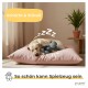 Hund schläft auf großem pinkfarbenem Kissen mit grauem Teddybär-Spielzeug, Text „Schlicht & Stilvoll“ und „So schön kann Spielzeug sein“.
