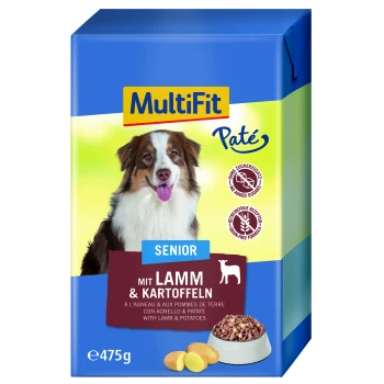 in Paté Senior mit Lamm & Kartoffeln 12 x 475 g Blaue und grüne Tiernahrungsbox mit der Aufschrift "MultiFit Paté Senior" und einem lächelnden Hund, mit "mit Lamm & Kartoffeln" und "getreidefrei."