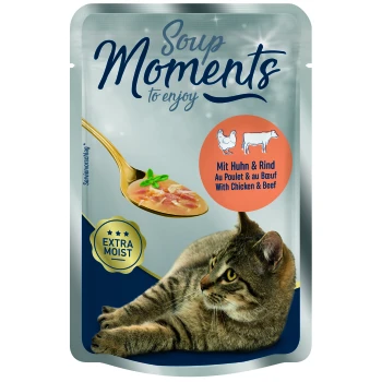 Cat food pouch featuring "Soup Moments" with chicken and beef, labeled "Extra Moist," and a spoonful of soup on the front.