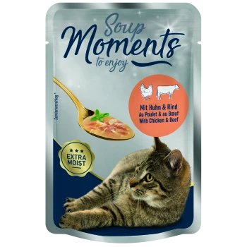 Cat food pouch featuring "Soup Moments" with chicken and beef, labeled "Extra Moist," and a spoonful of soup on the front.