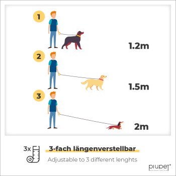 Illustration eines Mannes mit drei Hunden an verstellbaren Leinen (1,2 m, 1,5 m, 2 m) mit der Beschriftung '3-fach längenverstellbar.'