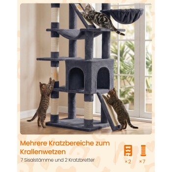 Grauer mehrstufiger Kratzbaum mit Sisalstämmen und Hängematte, drei Katzen; Text: 'Mehrere Kratzbereiche; 7 Sisalstämme, 2 Kratzbretter'.