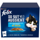 Felix Katzenfutterbox mit einer verspielten schwarz-weißen Katze, die Geschmäcker wie Lachs, Kabeljau, Thunfisch und Scholle zeigt. Text auf Deutsch enthalten.