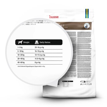 Hundefutterverpackung mit der "Digest"-Formel von Husse, mit Fütterungshinweisen für verschiedene Gewichtskategorien.