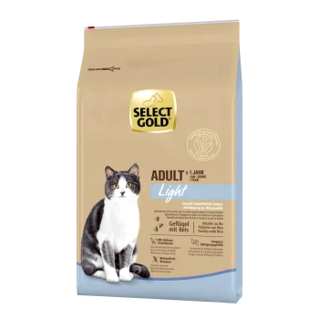 Select Gold Adult Light Katzenfutterbeutel mit einer grau-weißen Katze auf der Vorderseite, mit Text, der hervorhebt, dass es für übergewichtige Katzen geeignet ist.