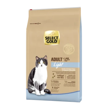 Sac de nourriture pour chats Select Gold Adult Light avec un chat gris et blanc sur le devant, avec un texte soulignant qu'il est adapté aux chats en surpoids.