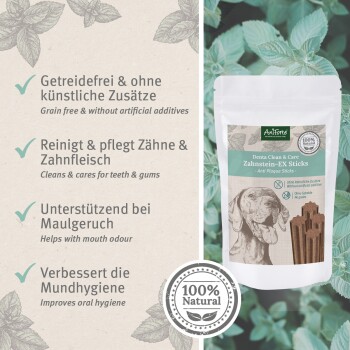 Verpackung für die Zahnpflege von Hunden für "Denta Clean & Care Zahnstein-EX Sticks", die getreidefreie, natürliche Zutaten für bessere Mundhygiene hervorhebt.