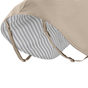Beige Haustier-Sonnenschutz mit gestreiftem Innenraum und verstellbaren Riemen, entworfen, um Haustiere vor Sonnenlicht zu schützen.