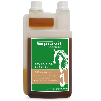 Flasche Supravit Bronchial Kräuter 1000ml Flüssigkeit für Pferde, unterstützt gesunde Atemwege und lindert Husten.
