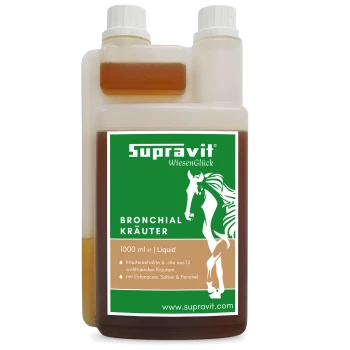 Flasche Supravit Bronchial Kräuter 1000ml Flüssigkeit für Pferde, unterstützt gesunde Atemwege und lindert Husten.