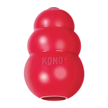 Rotes KONG Hundespielzeug, geformt wie ein Schneemann mit drei abgerundeten Abschnitten, mit dem Markennamen "KONG" auf der Seite geprägt.