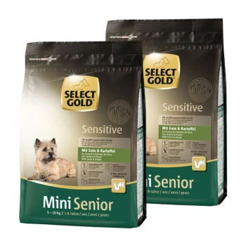 Sensitive Mini Senior Ente & Kartoffel 2x1 kg Zwei Tüten Select Gold Sensitive Mini Senior Hundefutter, mit einem kleinen Hund auf der Vorderseite, beschriftet mit den Zutaten: Ente und Kartoffel.