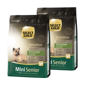 Zwei Tüten Select Gold Sensitive Mini Senior Hundefutter, mit einem kleinen Hund auf der Vorderseite, beschriftet mit den Zutaten: Ente und Kartoffel.