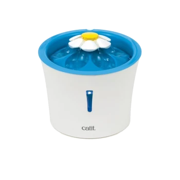 Catit pet water fountain with a blue top and white base, featuring a flower design and flowing water.