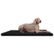 Ein hellgrauer Hund liegt bequem auf einem schwarzen Hundebett und zeigt seinen schlanken Körper und seine entspannte Haltung.