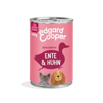 Dose mit Edgard Cooper Hundefutter, 400g, mit einem rosa Etikett mit einer Entenillustration, beschriftet "Ente & Huhn" und "Getreidefrei."