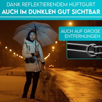 Eine Person in einer weißen Jacke hält einen Regenschirm auf einer dunklen Straße mit einem hellen Hund und zeigt einen reflektierenden Hüftgurt.