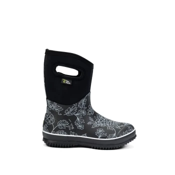 Schwarze, wasserdichte Stiefel mit floralem Muster, mit einem weichen Obermaterial und einer strukturierten Sohle, mit einem seitlichen Griff für einfaches Anziehen.