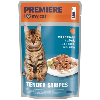 PREMIERE Katzenfutterbeutel mit getigerter Katze und Truthahn auf einem Teller; Text: „I ♥ my cat“, „Adult“, „mit Truthahn“, „Tender Stripes“, 85 g.