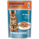 PREMIERE Katzenfutterbeutel mit getigerter Katze und Truthahn auf einem Teller; Text: „I ♥ my cat“, „Adult“, „mit Truthahn“, „Tender Stripes“, 85 g.