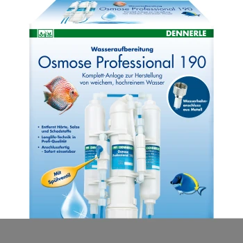 Osmose Professional 190 Wasserfilter von Dennerle, der Fischillustrationen und wichtige Merkmale für die Herstellung von weichem, reinem Wasser zeigt.