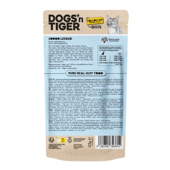 Hundefutterverpackung mit der Aufschrift 'DOGS'n TIGER', die einen blauen Hintergrund mit Nährwertinformationen, Fütterungsempfehlungen und einer Katzenillustration zeigt.