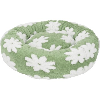 Round green plush pet bed with raised rim and white daisy floral pattern