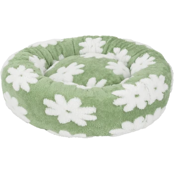 Round green plush pet bed with raised rim and white daisy floral pattern